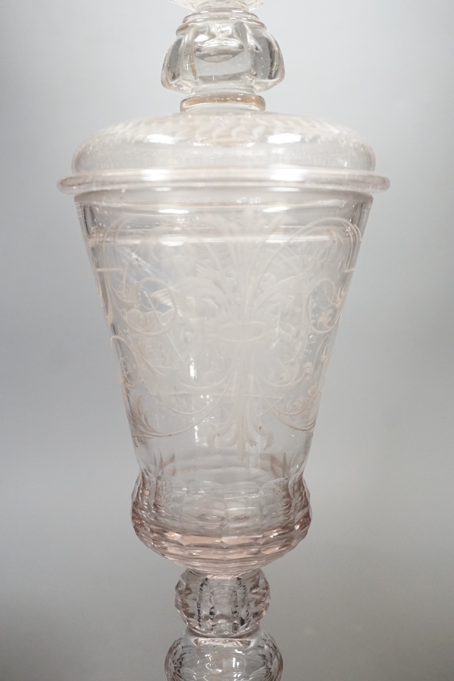 A large 18th century Bohemian goblet and cover, engraved with the angels visiting Abraham, 40cms high